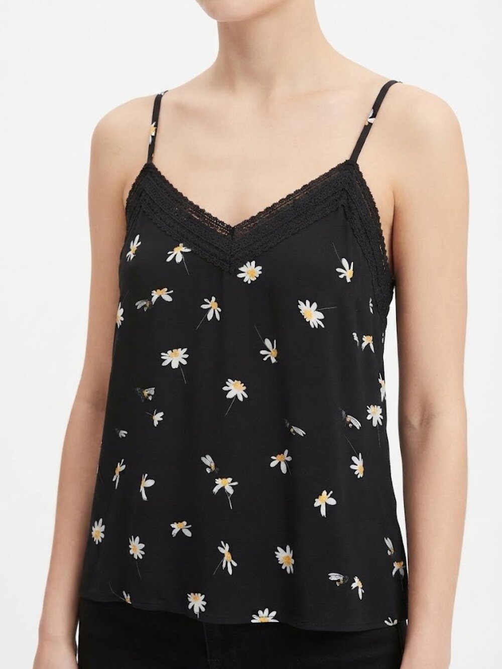 Black Daisy-Print Lace-Trim Cami Tank
